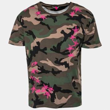 مملوكة مسبقًا Valentino Green Camouflage and Star Printed Cotton Crew Neck T-Shirt XL