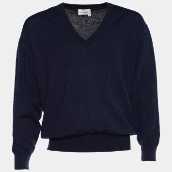 Pre Owned Valentino Uomo Navy Blue Rib Knit V Neck Pullover L