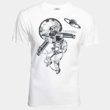 Pre Owned Valentino White Astronaut Printed Cotton Crew Neck T-Shirt S