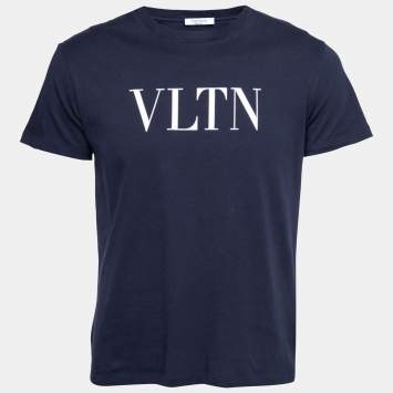 مملوكة مسبقًا Valentino Navy Blue VLTN Printed Cotton Crewneck T-Shirt S