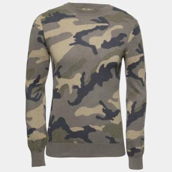 Pre Owned Valentino Green Camouflage Printed Cashmere Crew Neck Long Sleeve Sweater S