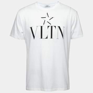 مملوكة مسبقًا Valentino White Cotton Star Logo Print Crew Neck T-Shirt L