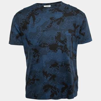 Pre Owned Valentino Blue Logo Camouflage Print Cotton T-Shirt M