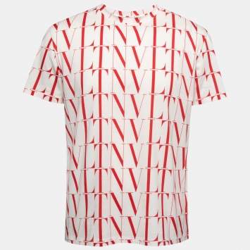 Pre Owned Valentino White & Red Logo Printed Cotton Short Sleeve T-Shirt L