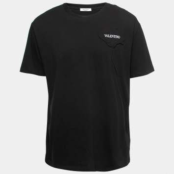 Pre Owned Valentino Black Jersey Flower Appliqué Crew Neck T-Shirt XXL