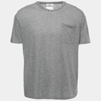 Pre Owned Valentino Grey Cotton Rockstud Detail Crewneck T-Shirt XL