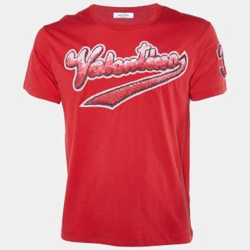 Pre Owned Valentino Red Signature Logo Embellished Cotton Knit T-Shirt S