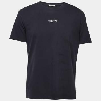 Pre Owned Valentino Navy Blue Logo Print Cotton Crew Neck Half Sleeve T-Shirt L