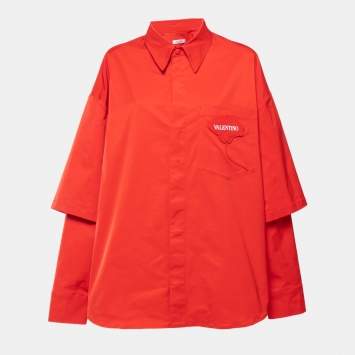 Pre Owned Valentino Red Taffeta Flower Logo Long Sleeve Shirt XL