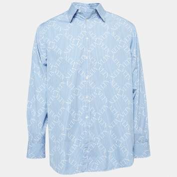 Pre Owned Valentino Blue Striped Logo Printed Cotton Long Sleeve Shirt M