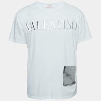 Pre Owned Valentino White/Metallic Cotton Logo-Embossed T-Shirt XL