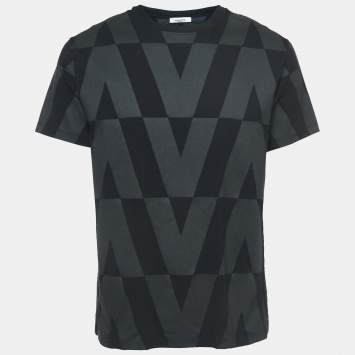 Pre Owned Valentino Black Macro Optic-V Printed Cotton T-Shirt L