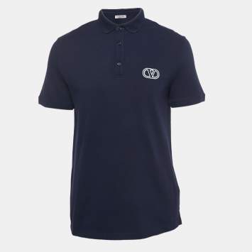 Pre Owned Valentino Navy Blue Cotton Pique Logo Embroidered Polo T-Shirt L