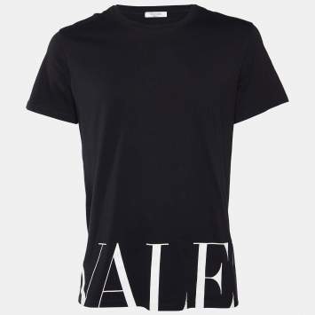 Pre Owned Valentino Black Logo Print Cotton Crew Neck T-Shirt L