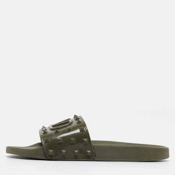 Pre Owned Valentino Olive Green Rubber Escape v logo Flat Slides Size 44