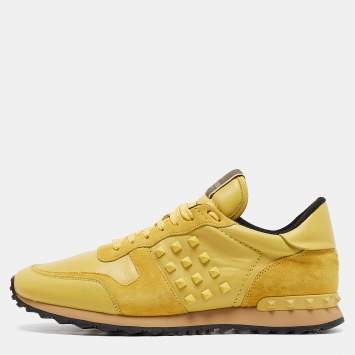 Pre Owned Valentino Yellow Suede and Leather Rockstud Sneakers Size 45