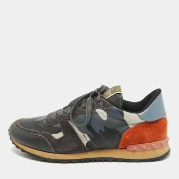 Pre Owned Valentino Multicolor Camouflage Print Canvas and Leather Rockrunner Sneakers Size 45