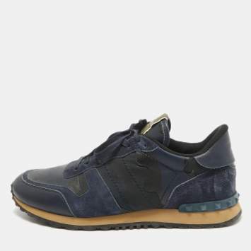 Pre Owned Valentino Navy Blue Suede and Leather Rockrunner Sneakers Size 45