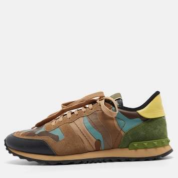 Pre Owned Valentino Multicolor Camouflage Leather and Canvas Rockrunner Sneakers Size 45