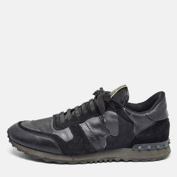 Pre Owned Valentino Black Suede and Leather Rockrunner Sneakers Size 45
