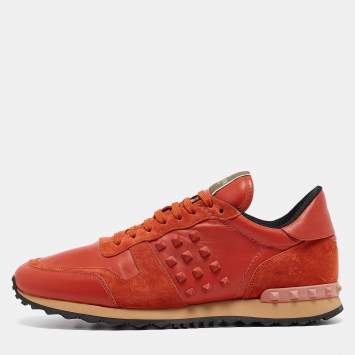 Pre Owned Valentino Orange Suede and Leather Rockstud Sneakers Size 45