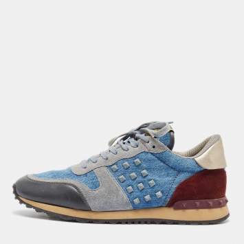 Pre Owned Valentino Multicolor Denim and Leather Rockstud Lace Up Sneakers Size 45