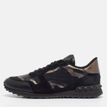 Pre Owned Valentino Black/Metallic Leather and Suede Rockrunner Lace Up Sneakers Size 43