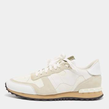 Pre Owned Valentino White Camo Print Canvas and Leather Rockrunner Sneakers Size 43