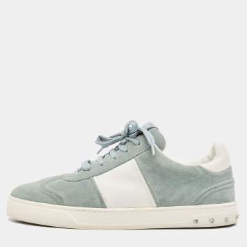 Pre Owned Valentino Green/White Leather and Suede Flycrew Lace Up Sneakers Size 41