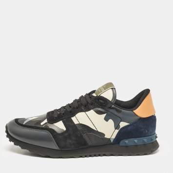 Pre Owned Valentino Multicolor Camouflage Leather and Suede Rockrunner Sneakers Size 42.5