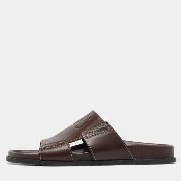 Pre Owned Valentino Brown Leather Escape V logo Slide Sandals Size 41