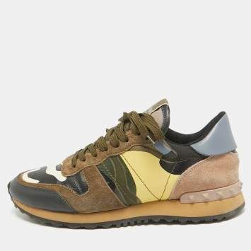 Pre Owned Valentino Multicolor Leather and Suede Rockrunner Lace Up Sneakers Size 39.5