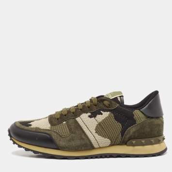 Pre Owned Valentino Multicolor Camo Leather and Suede Rockrunner Sneakers Size 43.5