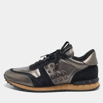 Pre Owned Valentino Black/Metallic  Leather and Suede Rockrunner Sneakers Size 42