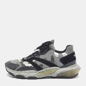 Valentino Black/Grey Leather and Mesh Camouflage Bounce Low Top Sneakers Size 41