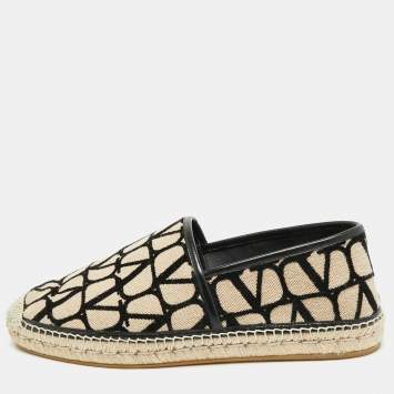 مملوكة مسبقًا Valentino Iconographe Size 45 Beige/Black Canvas and Leather Slip On Espadrille