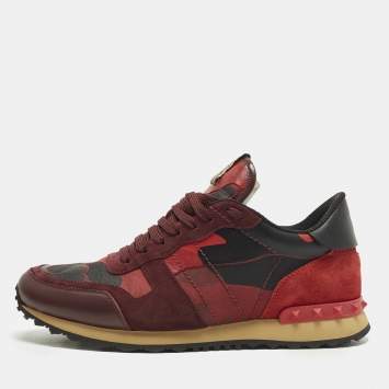 مملوكة مسبقًا Valentino Rockrunner Size 42.5 Red Camouflage  Suede and Leather Lace Up Sneakers