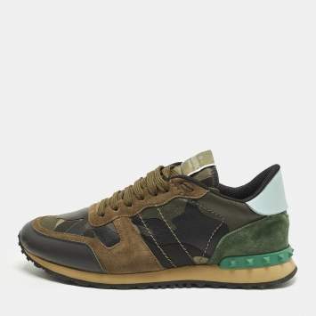 مملوكة مسبقًا Valentino Rockrunner Size 42.5  Green Camouflage Suede And Leather Lace Up Sneakers