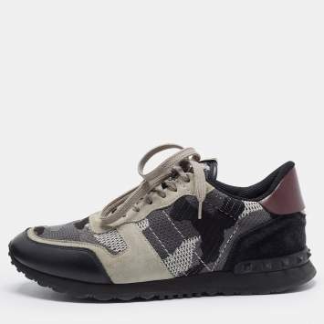 Pre Owned Valentino Rockrunner Size 42 Multicolor Knit Fabric and Suede Lace Up Sneakers