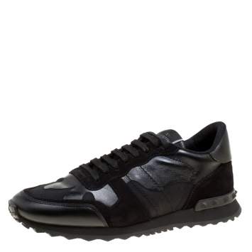Pre Owned Valentino Black Camouflage Leather and Suede Rockrunner Sneakers Size 42