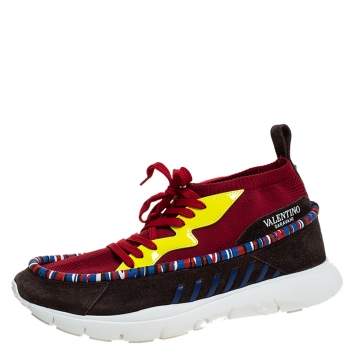 Pre Owned Valentino Multicolor Knit Fabric, Suede And Patent Rockstud Lace Up Sneakers Size 45