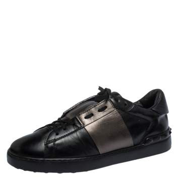Pre Owned Valentino Black Leather Rockstud Lace Low Top Sneakers Size 43
