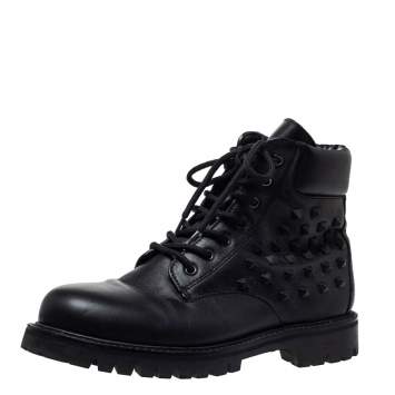 Pre Owned Valentino Black Leather Rockstud Combat Boots Size 40