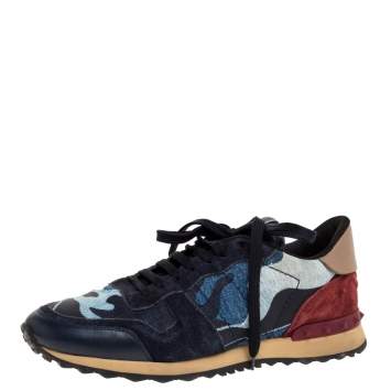 Pre Owned Valentino Multicolor Camouflage Leather And Suede Rockrunner Low Top Sneakers Size 42