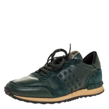 Pre Owned Valentino Green Leather and Suede Rockrunner Low Top Sneakers Size 43