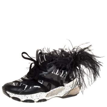 Pre Owned Valentino Black Camouflage Leather and Mesh Feather Bounce Sneakers Size 40