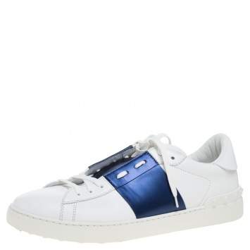 Pre Owned Valentino White and Navy Blue Band Leather Open Low Top Sneakers Size 45