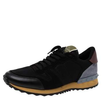 Pre Owned Valentino Black Suede Leather And Mesh Rockrunner Low Top Sneakers Size 39
