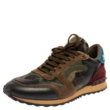 مملوكة مسبقًا Valentino Multicolor Suede And Leather Camouflage Rockrunner Low Top Sneakers Size 43.5