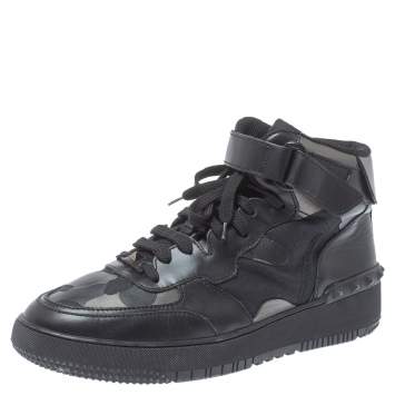 مملوكة مسبقًا Valentino Black Leather And Canvas Camouflage High Top Sneakers Size 44